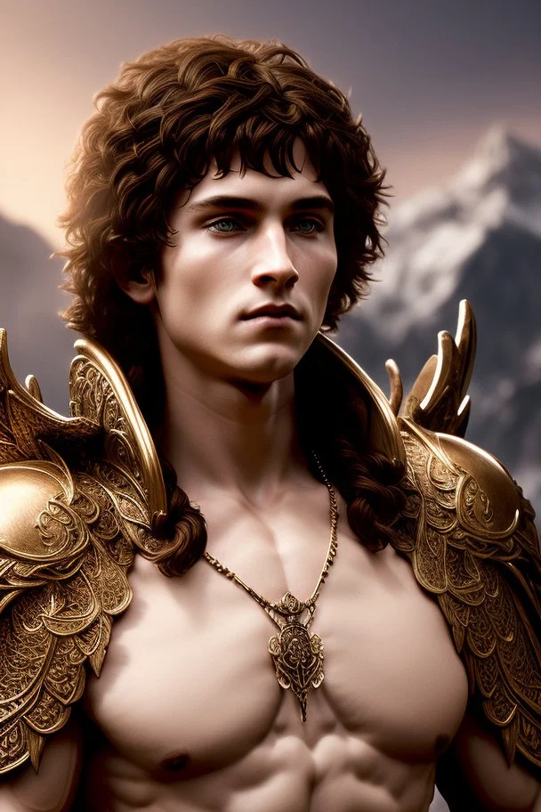 Photoreal close-up of handsome muscular young boy druid with angelic features and intricate ornate armor in the ice mountains at sunset, forgotten realms fantasy style by lee jeffries, 8k, high detail, smooth render, unreal engine 5, cinema 4d, HDR, dust effect, vivid colors