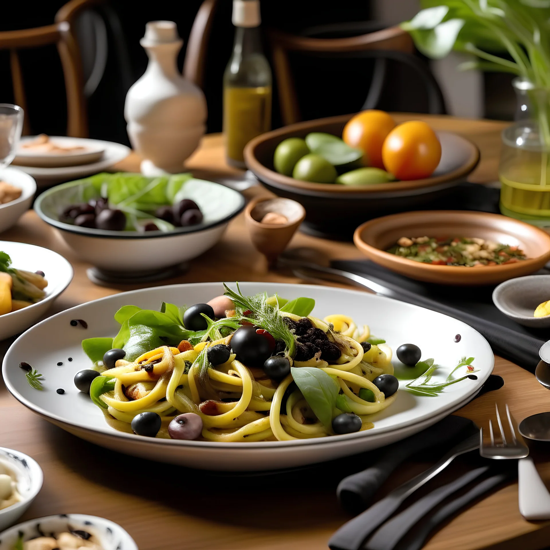 A dining table containing food and pasta with black olives on it, as well as a plate of green olives and a salad with olives on it.