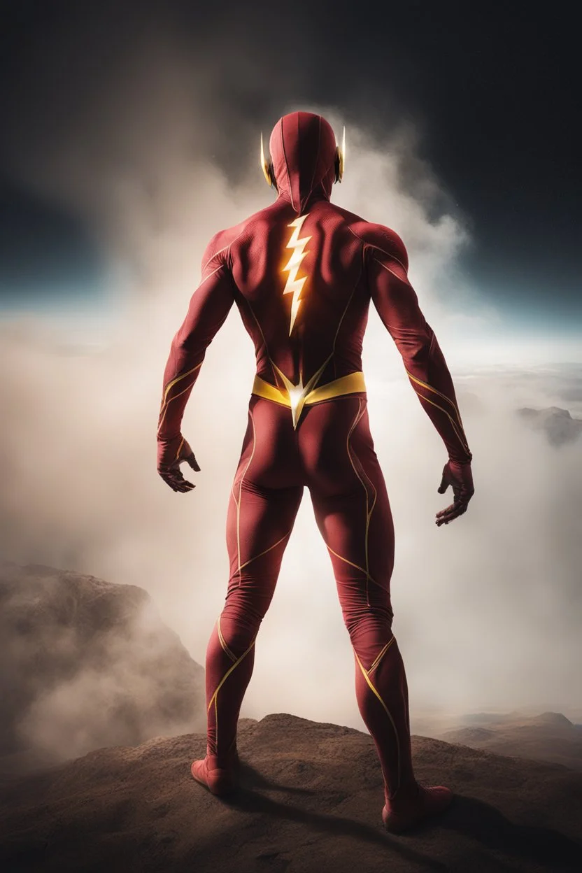 full-length portrait, extremely tall, thick, extremely muscular The Flash, extremely exaggerated muscular physique, standing on the world in outer space with his fists on his hips looking forward, multicolored fog, mist, futuristic landscape