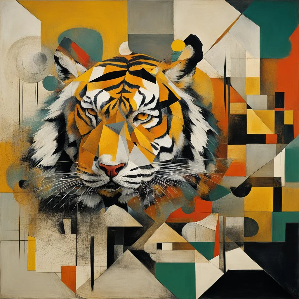 Abstract art, surreal fragmented tiger composition by Victor Pasmore and Graham Sutherland and VS Gaitonde, primary sharp colors. precise colliding geometric shapes, asymmetry