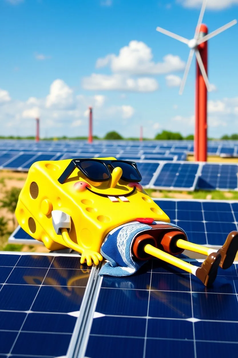 Spongebob lying on a solar panel, sunbathing, sunglasses on, towel on his legs, solar farm in the background