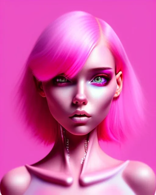 girl, pink skin, pink eyes, pink hair, pink makeup, pink clothes, pink background