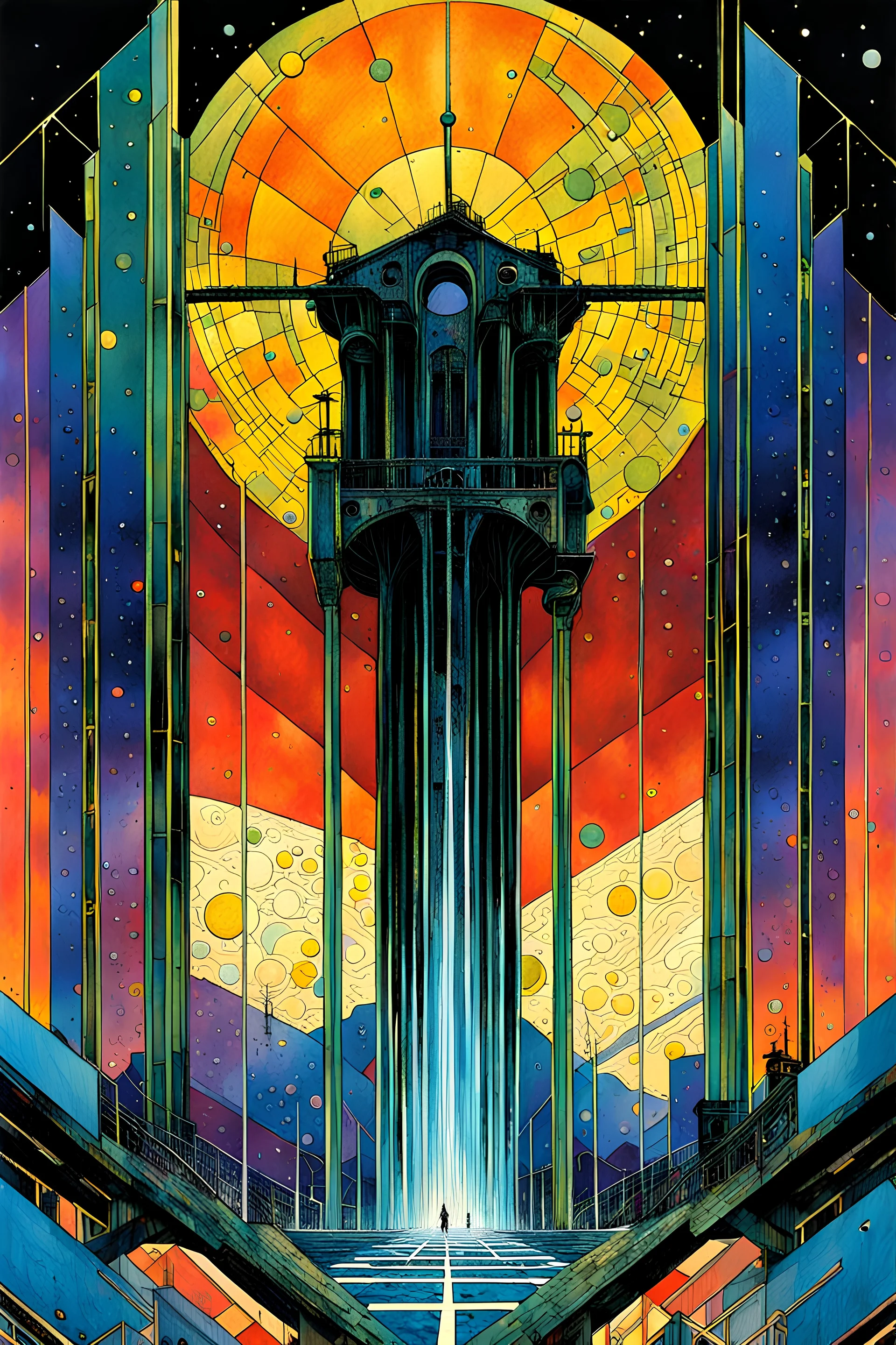 Create a chaotic abstract cubist Tarot Card depicting a post apocalyptic, The Ten of Swords , in the style of Bill Sienkiewicz, Philippe Druillet, Gustav Klimt, and Jean Giraud Moebius, precisely drawn, colored and inked, with ornate bordered edges