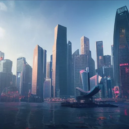 Singapore's iconic skyline in cyberpunk, 8k resolution concept art portrait by Greg Rutkowski, Artgerm, WLOP, Alphonse Mucha dynamic lighting hyperdetailed intricately detailed Splash art trending on Artstation triadic colors Unreal Engine 5 volumetric lighting, mappa studios, photorealistic