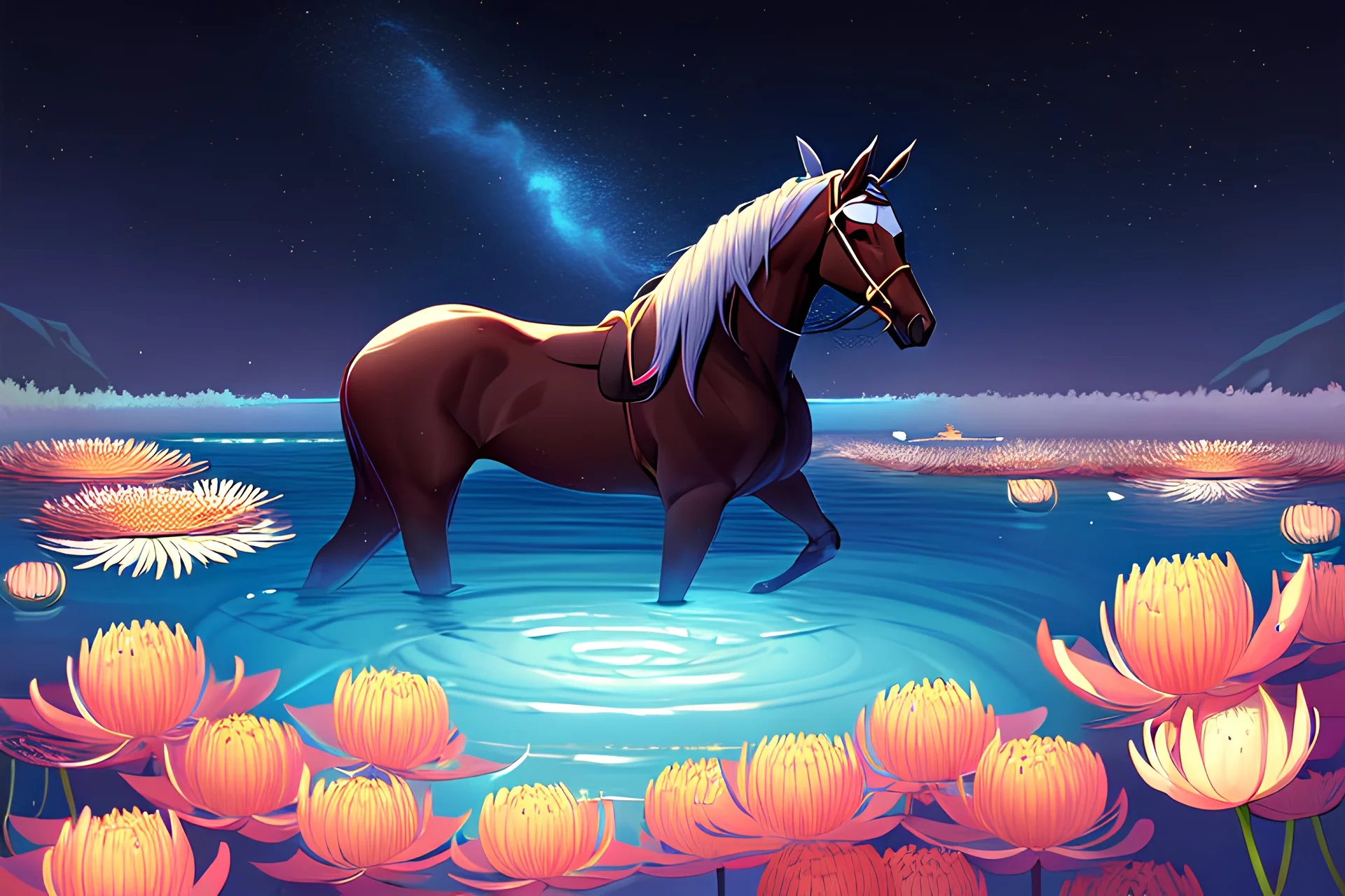 kelpie, horreur, cheval aquatique dans un lac, nenuphar, nuit