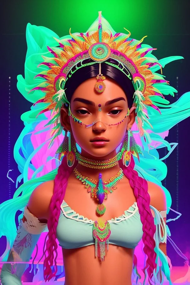 [vaporwave, straws, flows, colorful] Another figure approached. The ornamented headdress and anklets exuded the sound that alerted me. I concluded that it was an Indian girl, which gave me thoughts about my location. She drank and left.