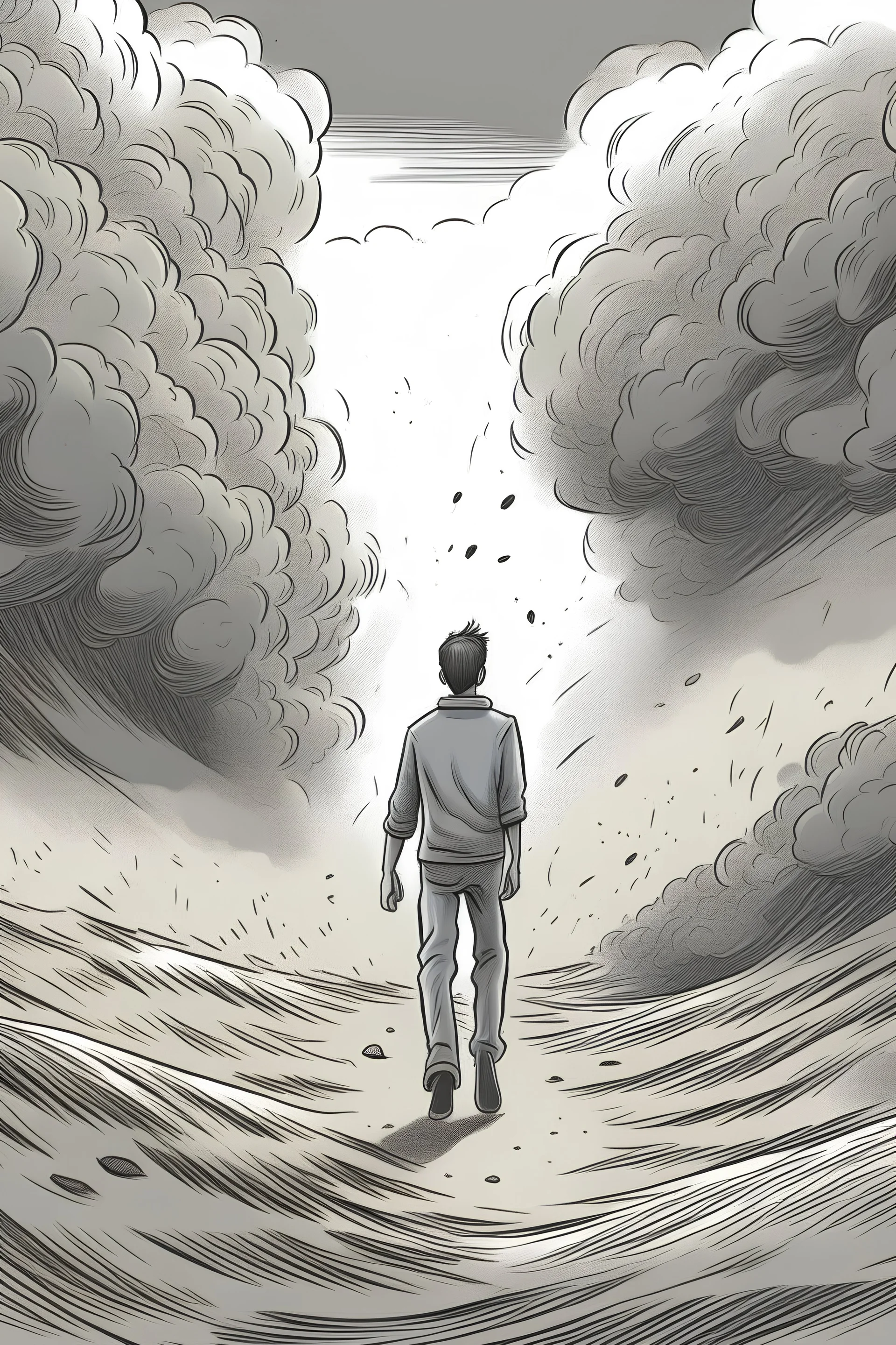 thrilled man vanishing into dust in a grey world drawn