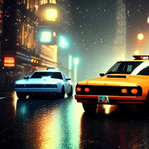 wideshot, fullbody, 35mm film still from a 70's live action movie of Need For Speed Underground showing Eddies Nissan skyline racing through the wet city streets, with reflections of his car on the windows, cinematic, cinematography, night, raining, high detail, medieval, steam punk, future punk