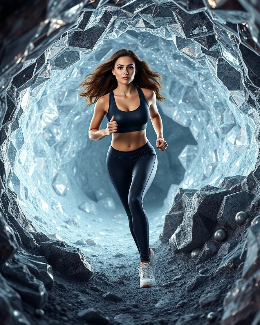 make a picture pretty cave made of crystal and metallic 3d fractal recursive cubic and sphere base structures and a beautiful fashion model lady with cute,curvy long hair,makeup, in pretty sports suit is running inside cave ,dynamic camera fallow her inside cave capturing full body, dynamic lights.