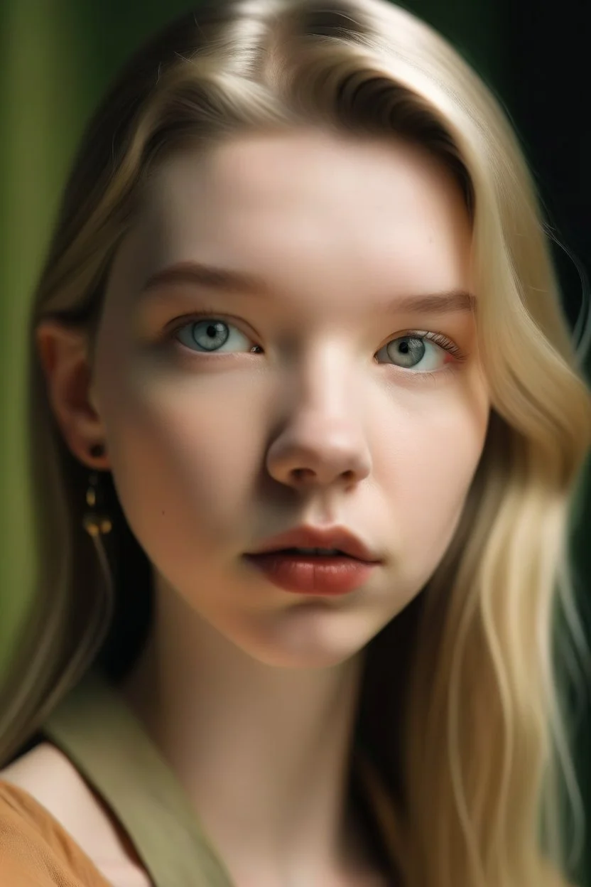 Anya Taylor-Joy, round innocent face, soft eyes, natural skin