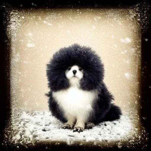 black puff ball of fluff in the snow vintage