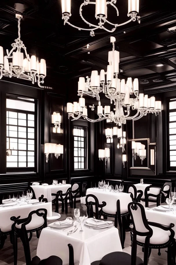 "Shoot a Neo-classic style restaurant with black, white, and residential-colored tables and chairs, along with chandeliers for lighting."