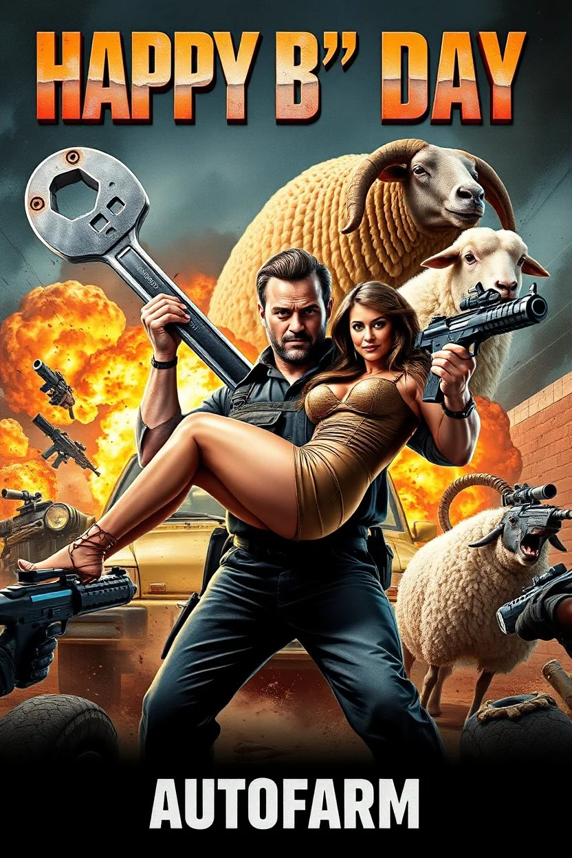 "Design a 90s-style action movie poster titled 'HAPPY B' DAY - AUTOFARM.' A fearless mechanic wields a massive spanner while holding a woman wearing a wench outfit, battling waves of enemies in an explosive showdown. Behind him, a battle-scarred , while a gun-toting, battle-ready sheep adds a wild twist. Bold, metallic typography and gritty, high-energy visuals capture the over-the-top style of classic action films. Make it dynamic, intense, and dripping with 90s nostalgia!"