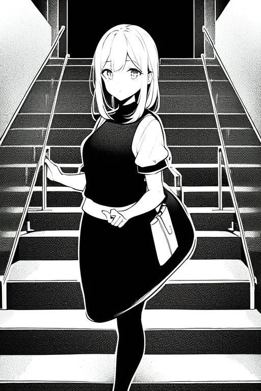 girl runs on the stairs, greyscale