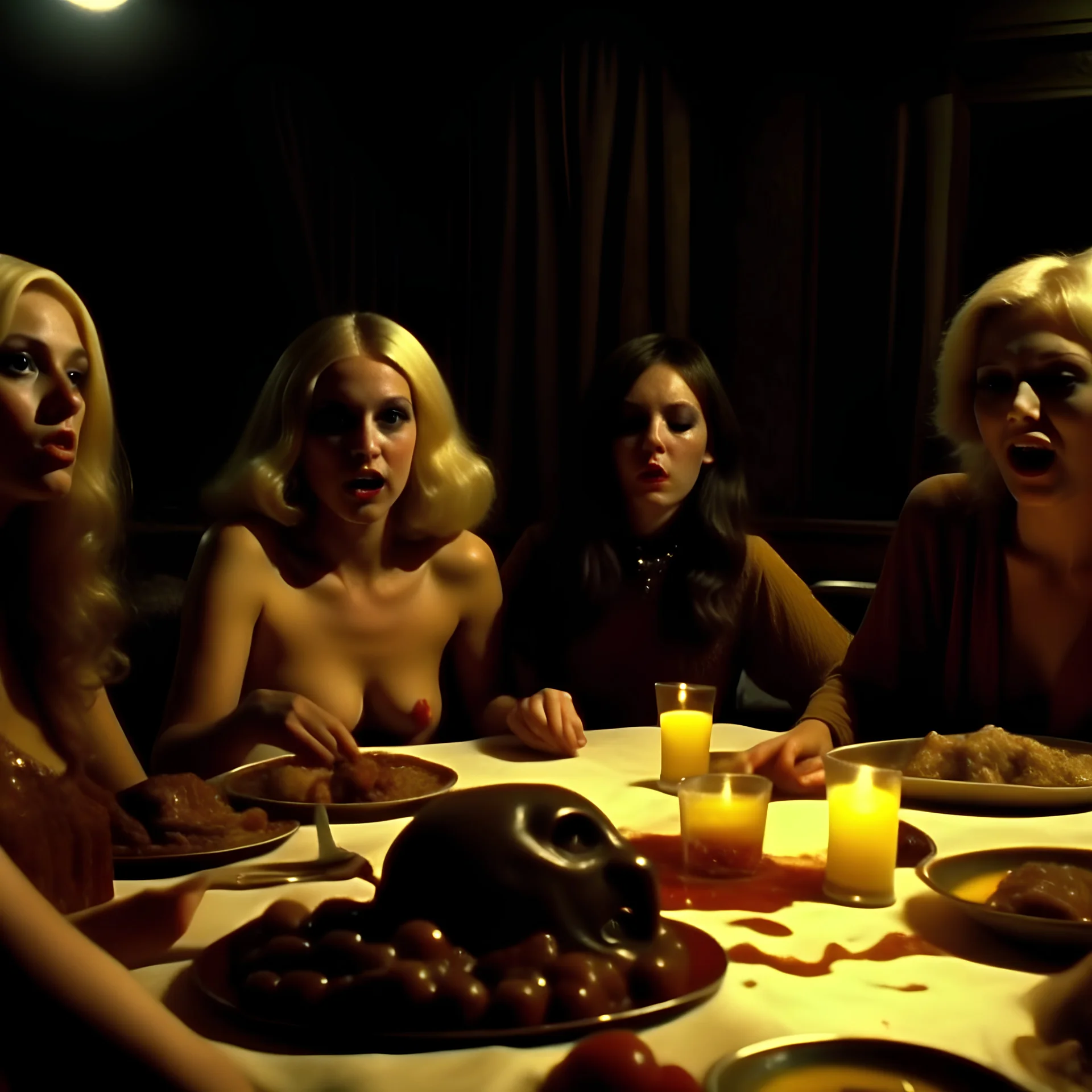 Horror movie shot, ultra realistic hot dine, ultra realistic hot blonde women, party, pieces of meat, organs, ail, dynamic, very excited people, hypermaximalist figures, light, 1970's Italian horror movie, sinister,, Dario Argento, Stanley Kubrik, ornate, 4k, photorealism