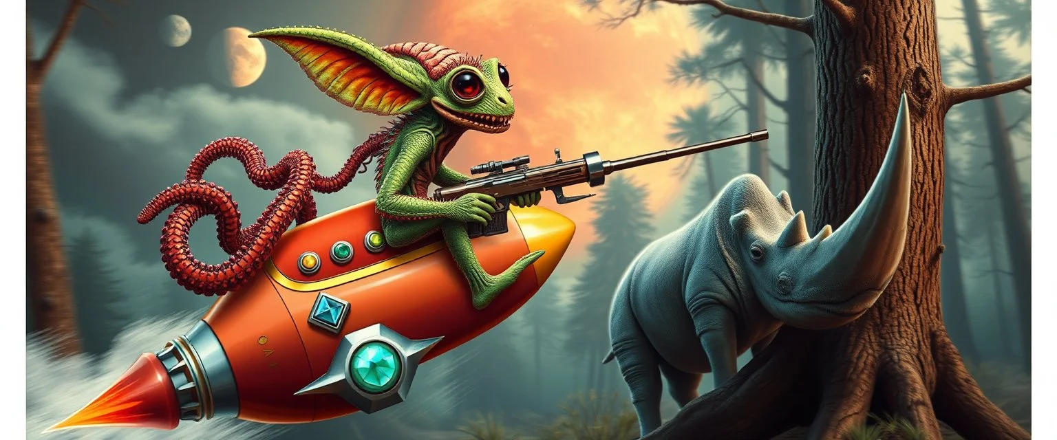 hairy macho gremlin octopus lizard alien couple living in a hi tech marvellous hot dog art graphics and gems on rocket with a mounted sling shot mega harpoon, heading for venus , background motion blur and smoke swirls, and cheeky goose rhino through giant forest with thick tree stumps and grainy textured trees