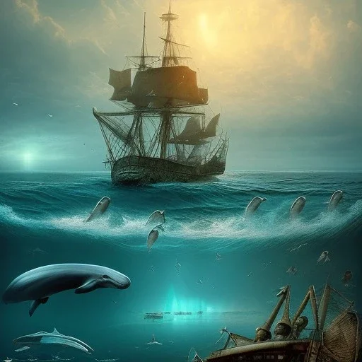 beach with ship wreck, birds, whales, dolphins, water, reflection, movie poster, fantasy art, misty