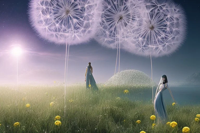 young woman in an android suit with dark hair, standing on the shore of an alien sea, with flying forests of dandelion seed head trees in the distance