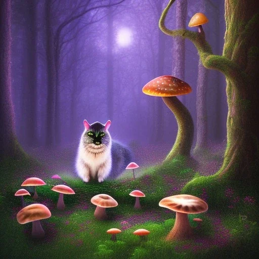 Black cat sitting, mushrooms in a psychedelic forest