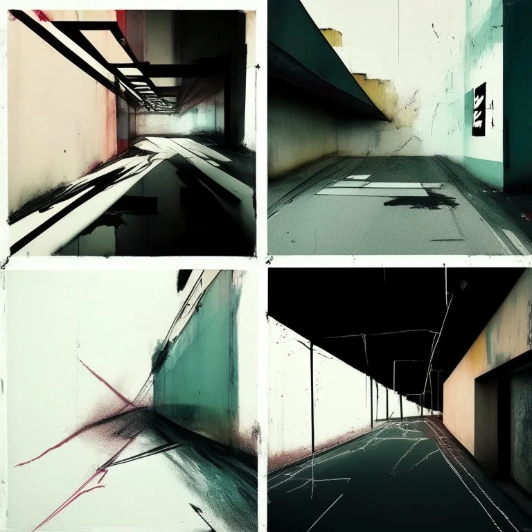 Minimal abstract oil paintings desolate 1960s carpark concrete fragments. Walls covered in graffiti. style of Justin Mortimer and Francis Bacon. road markings.