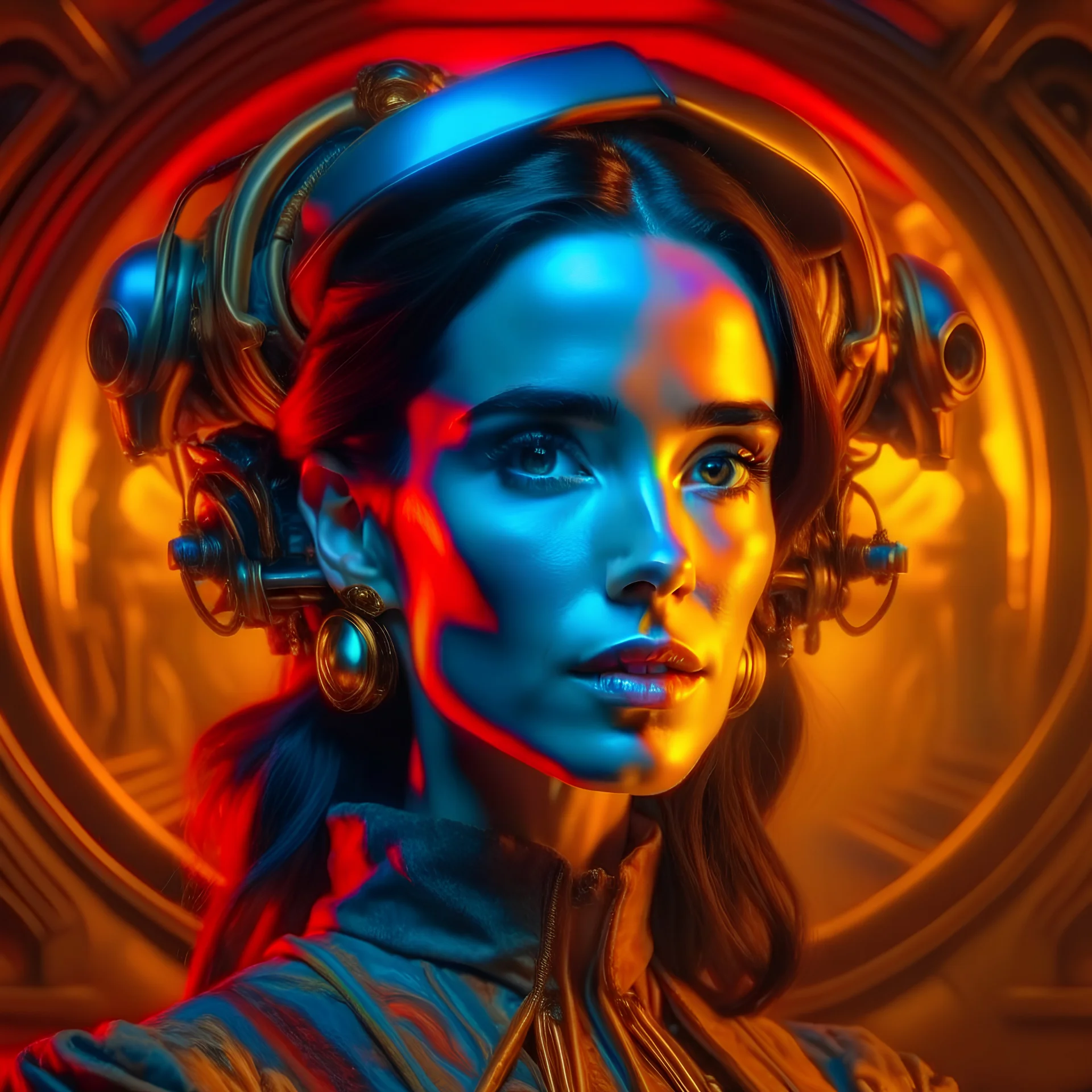 art by Patrick Woodroffe in the style of Salvador Dali, psychedelic colors, Jennifer Connelly as a steampunk warrior, in an biomechanical universe, HD 4K ultra high resolution, photo-real accurate, cinematic volumetric lighting