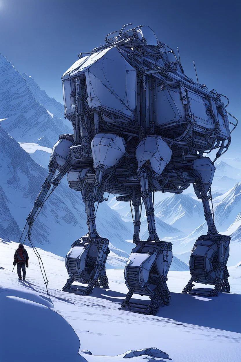 a sleek mechanical walker with eight legs scaling a very steep snow covered side of mout everest at night, it has a smooth surface, it has storage pods on its belly human can fit in the pods