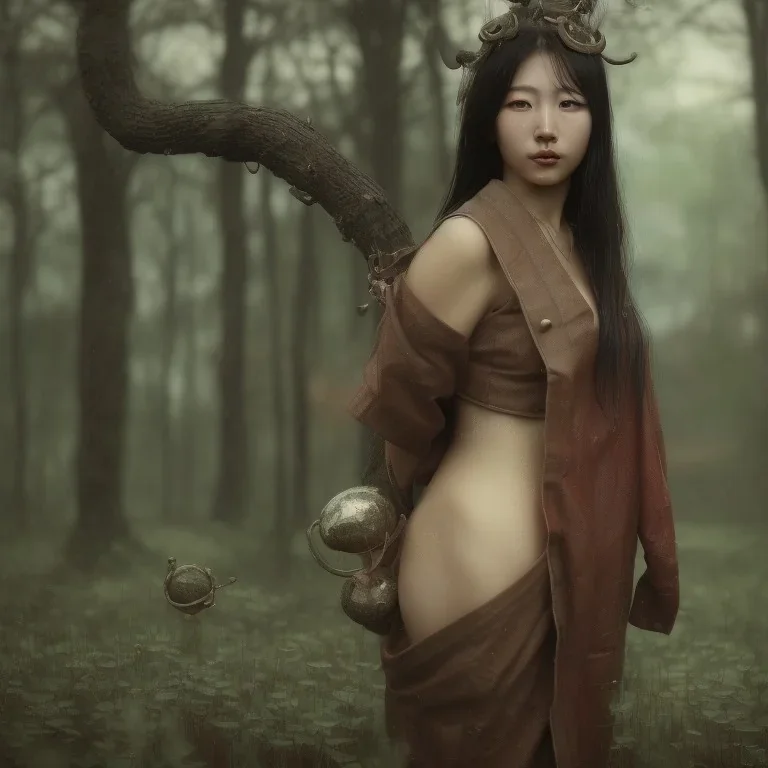 wonderfull japanese woman, big chest, in rain, portrait, viking costume, village, meditation, woods, cyberpunk, 8k quality