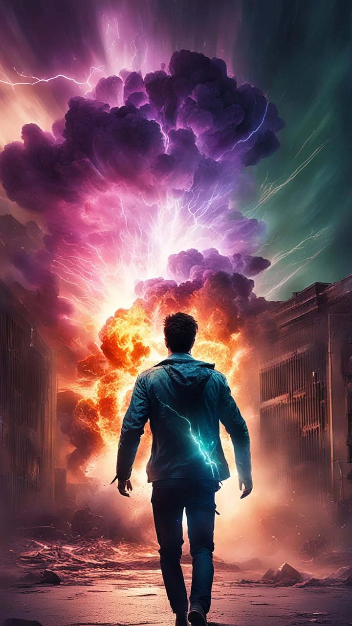 Young man walking towards a building that is exploding at night, with coloured auras and lightning around him