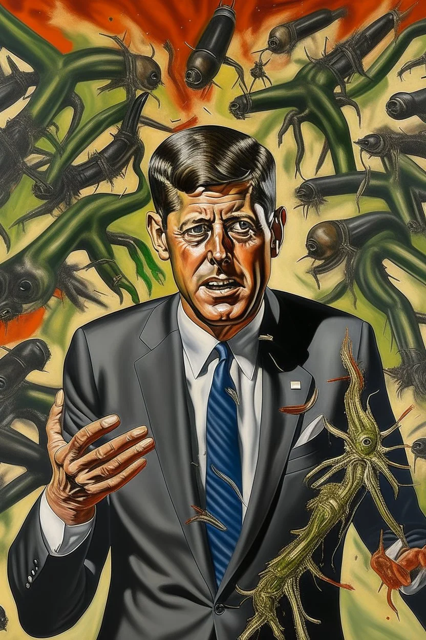 President John F. Kennedy painted with 6 arms like cockroach with many heads