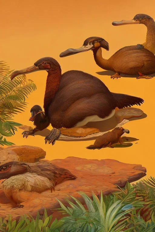 John James Audubon-like illustration of a fully uncropped Dodo bird and a Platypus in a landscape of warm yellows, warm reds, and warm blues