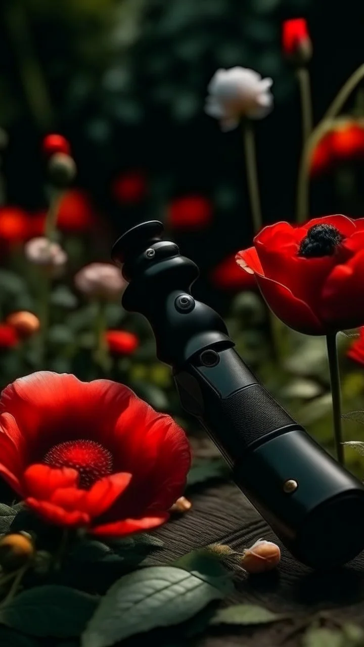 A small wooden hammer near a black pistol, a black leather glove and red lipstick in a dark garden filled with red poppies.Cinematic and realistic image