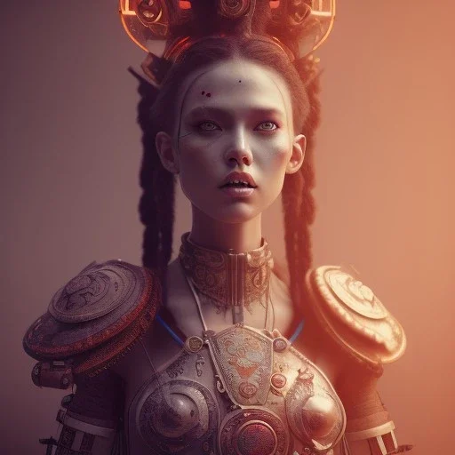 a warrior princess in samurai armor, red tattoo in the face, steam punk, scary, horror, realistic, made in octane, cinematic, movie, CGI, ultra-realistic, extremely detailed octane rendering, 8K, VRAY Super Real ar 2:3, dof photorealistic futuristic 50mm lens hard lighting dark gray tintype photograph, realistic lighting, sephia colors