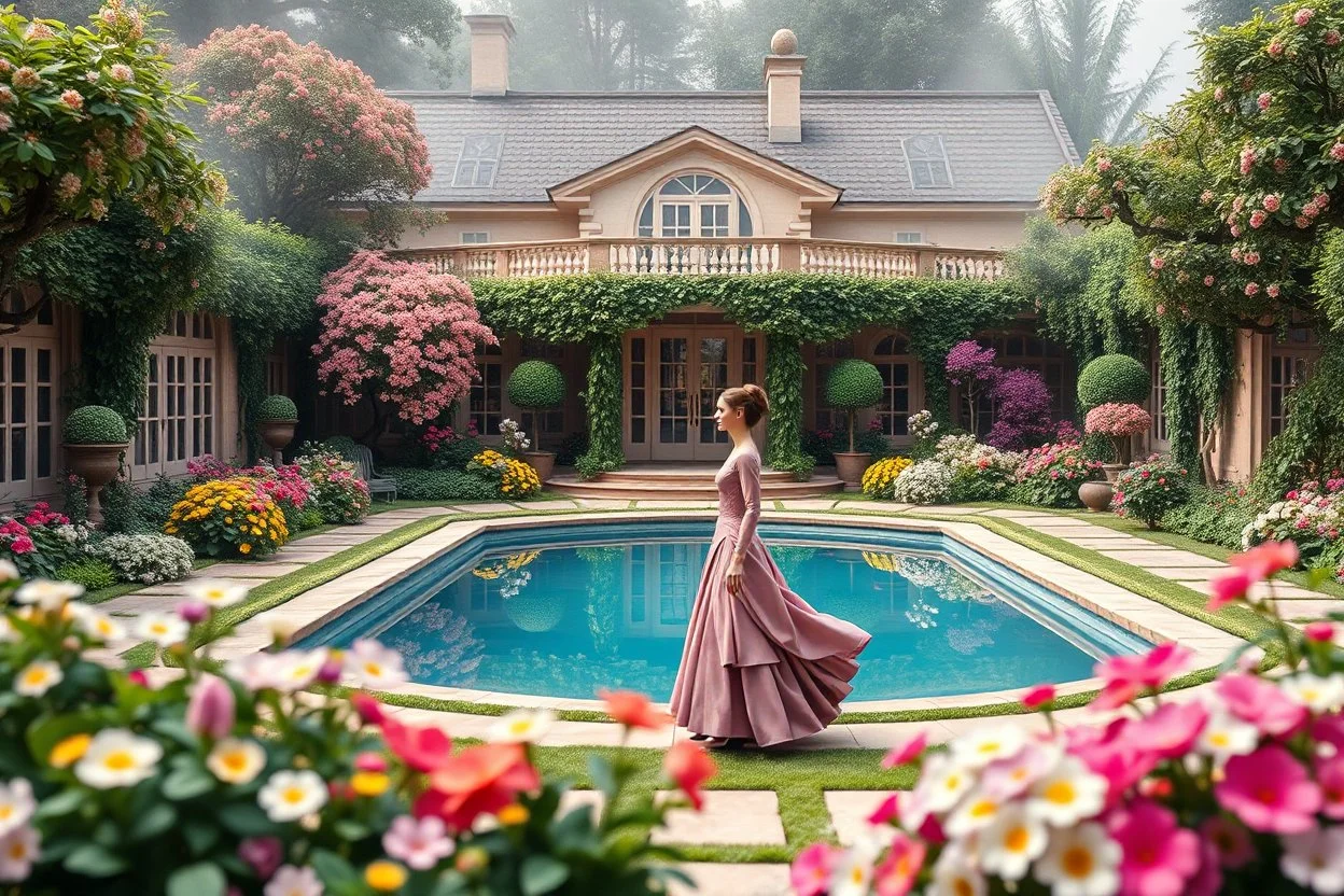all scene is made of small colored cubes:a luxury villa yard with pool in center and pretty plants trees flowers, morning mist, lost paradise atmosphere,a pretty model lady in victorian clothing walking in villa yard in flowers .every thing and lady is made of small colored cubes as a puzzle