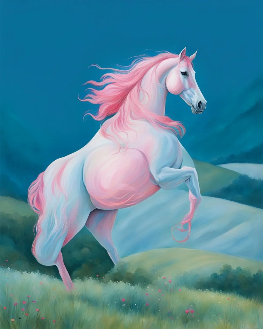 a pink horse in hills like a 19th painting