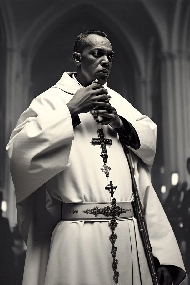 a priest in a crowded church who realizes that he is having an attack of colitis and, while he is preaching, tries to hold back a big fart. Insane details, photo shooted by Nadar. Low contrast, no hands