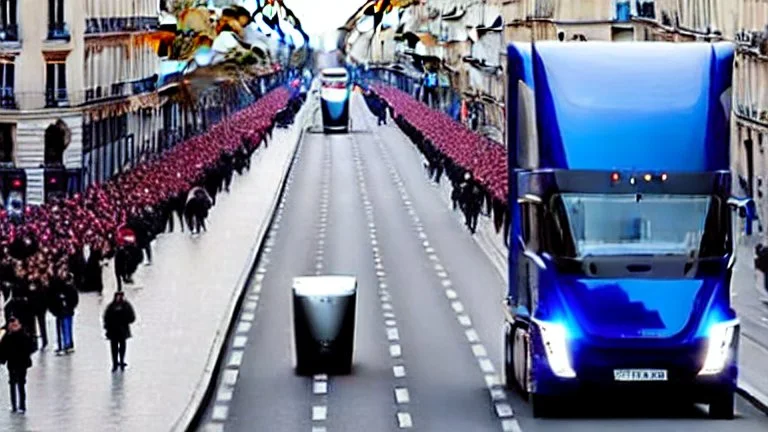 A Tesla semi-truck is racing at top speed, by the 'Sacre Coeur', in Paris. CINEMATIC. WIDE ANGLE LENS. PHOTO REAL.