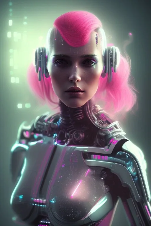 cyberpunk, head, women, portrai, tron, cyborg, robot, cyborg, pink hair, seven , perfekt, real, dream