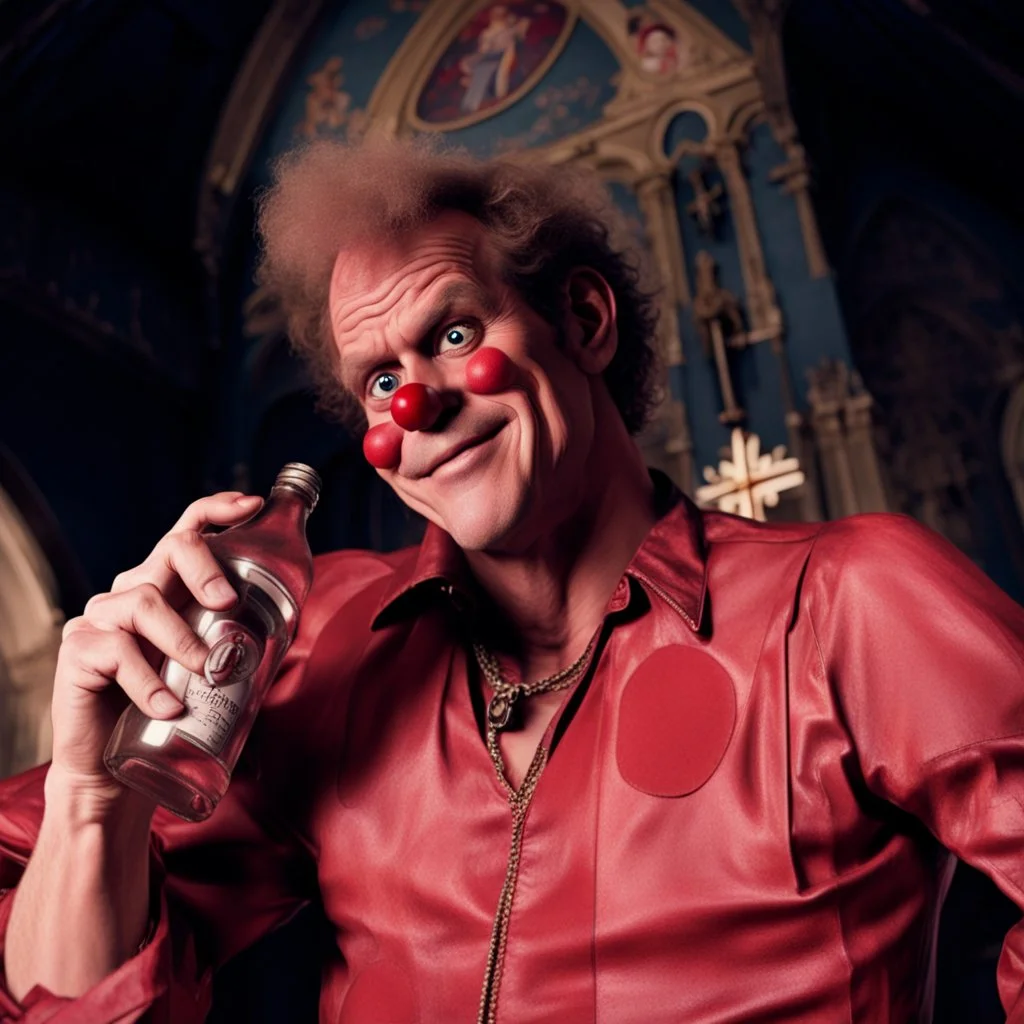 A clown that is looking Like the famous actor Randy West holding a bottle inside a church, little cartoony