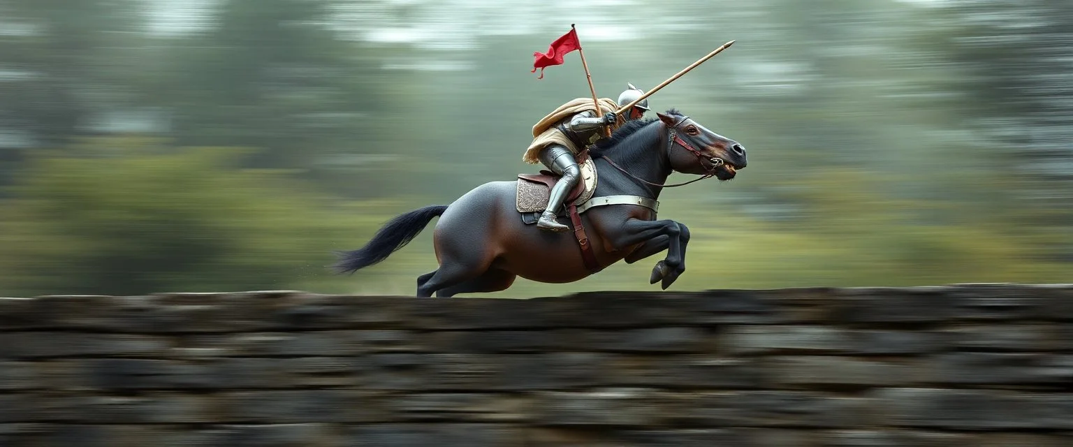 fast horse hippo hog kentaur jumping a wall with knight rider and lance, motion blurred background