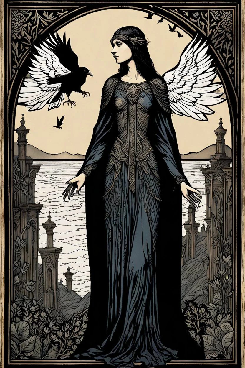 create a deeply powerful tragic, heart wrenching, evocative, and darkly magical full body woodcut of a raw and weathered raven maiden girl with highly detailed and deeply cut facial features, in the style of EDWARD BURNE-JONES, WILLIAM MORRIS, and KATHE KOLLWITZ combined with the comic art style of BILL SIENKIEWICZ and JEAN GIRAUD MOEBIUS, searing lines and forceful strokes