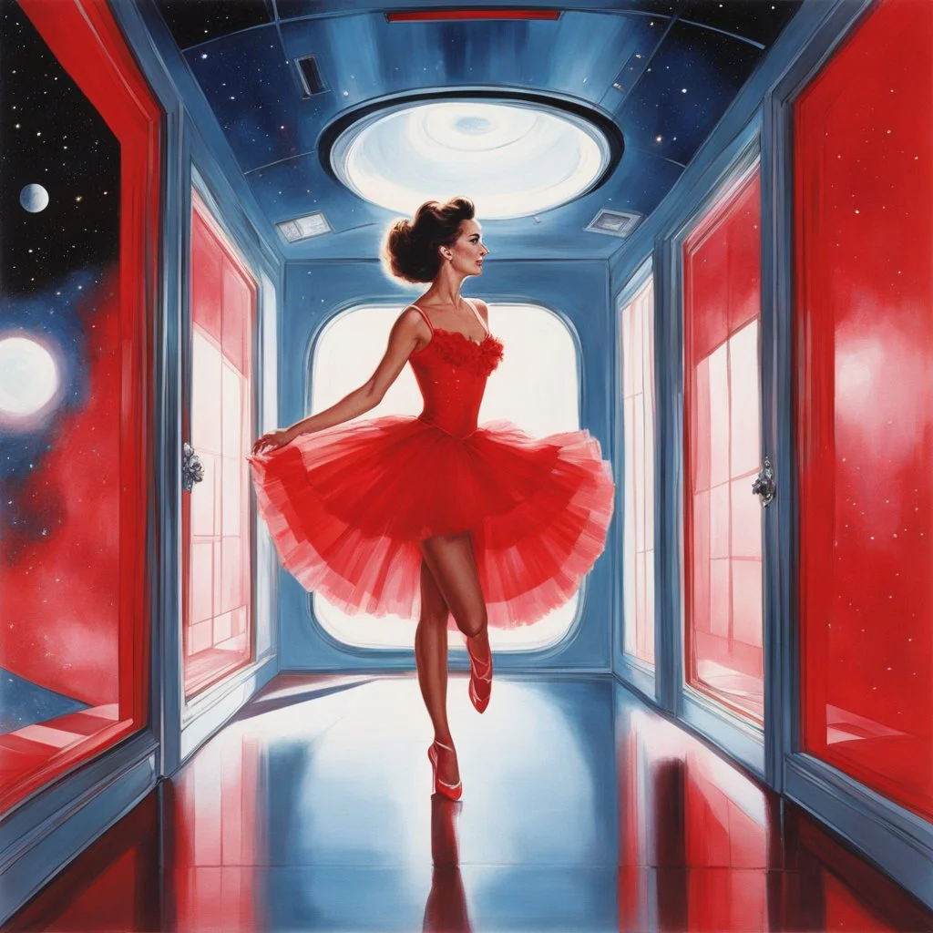 [art by Russ Meyer] In the pulsating space station, a ballerina in a agent provocateur red frilly dress gracefully glides through a shining corridor, with bay windows revealing the vast expanse of outer space. Her movements are fluid and hypnotic, as if choreographed by the stars themselves. Each step she takes accentuates the curves of her form-fitting outfit, the soft fabric fluttering around her like a crimson nebula.