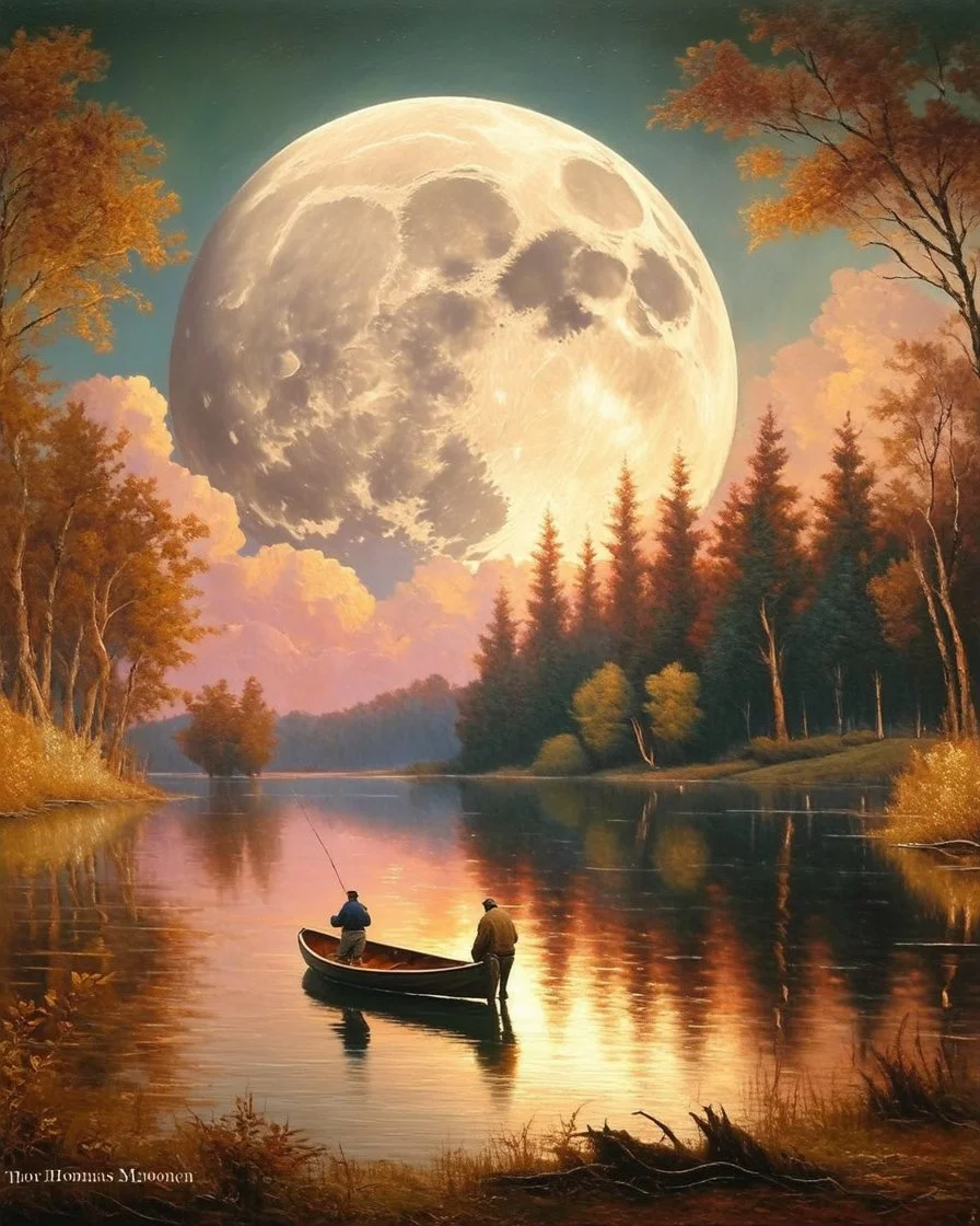 Realistic oil painting of a serene lake with a massive hunters moon in the background, two fishermen in a small boat, intricate details of trees and reflections on the water, by Thomas Moran and Claude Monet, (long shot), warm colors, peaceful atmosphere