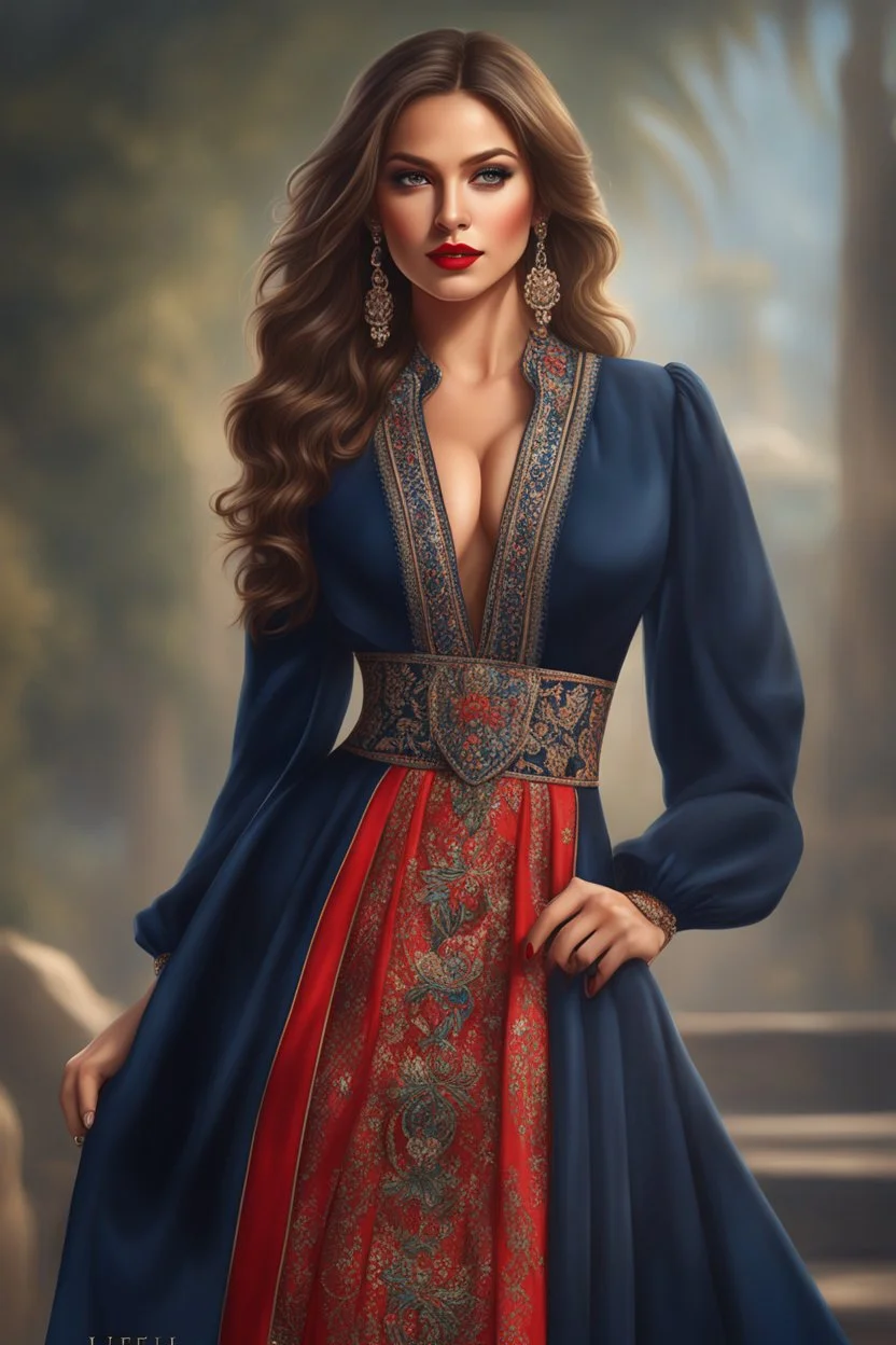 Full body view, ultra realistic illustration, beautiful ukrainian female, Sybil, age 25, long brunette wavy hair, brown detailed eyes, light makeup, red lipstick, wearing navy blue dress with sleeves, ultra realistic illustration, highly detailed accessories, digital painting, art station, concept art, sharp soft focus, illustration, 8k, 8 life size, big bossom, tight waist, nice hip, professional ominous concept art, by artgerm and greg rutkowski, an intricate, elegant, highly detailed digital