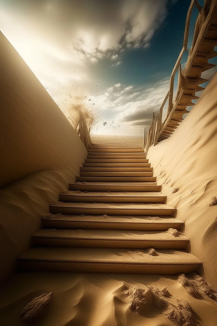 sand is crumbling from behind, walking down a long open staircase that goes into the sky, sand is flying, surrealism, stardust, fantastic, fantasy, hyper realism, realistic, 4000 k, iso 4064, hdr, 5 d, hyper detail, photorealistic painting, aesthetically pleasing, beautiful, professional photo, bright lighting, soft lighting, neon lighting, careful drawing down to small details, bright sparks, golden sand glows, ultrahd