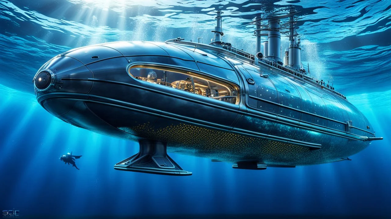 An unique futuristic glass and metal submarine in the ocean, with large of water surrounding it. The submarine bottom positioned in the center of the frame, providing a unique perspective on this streamlined high-techstructure and interior equipment underwater, high detalied, sharp focus, best shot, sci-fi mood