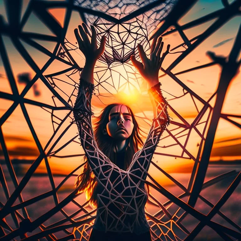 A young woman tries to get out of the agony of cobwebs that surround her geometrically, her hands try to tear the cobwebs, sunset time, dramatic shot, wide lens, dramatic colors, outdoor shot, impressive artwork, 12K