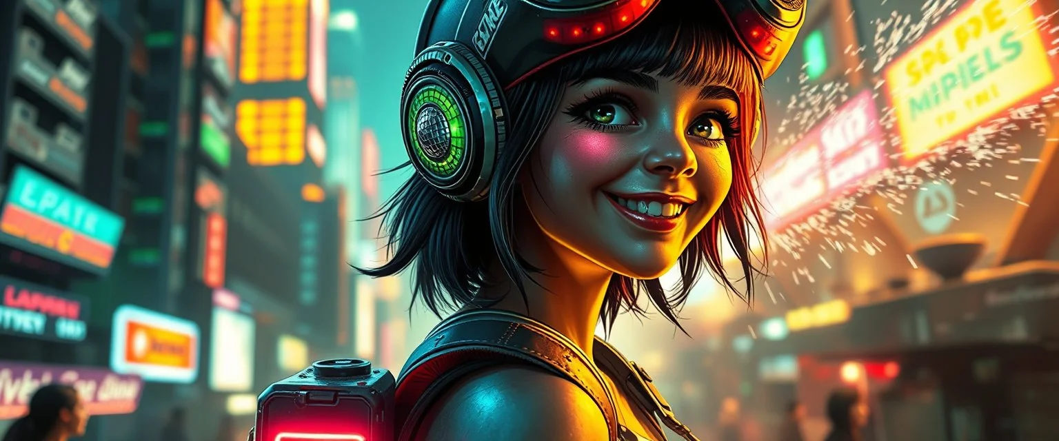 cyberpunk space city, in valley, close up on realistic A charming smiling space pirate hi class girl with disco ball rocket shooting sparks backpack , Blew a fuse in his hips and short-circuited his bits, The Martian fluffy gremlins went wild, the Plutonians dogs screamed, Even black-and-white aliens turned ultraviolet green! in the style of Rembrandt and HR Giger, background motion blur , and volume fog spot lights