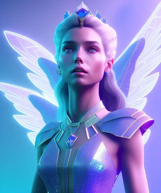 A crystalised queen, atmospheric, realistic, unreal engine, cinematic lighting, octane render. blue, pink, transparency, light, shine,bright, full body, transparent wings, blonde, long hair, nice smile