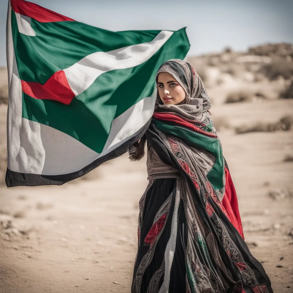 A very beautiful girl carrying a large Palestinian flag in her hands and waving it while wearing a keffiyeh and an embroidered Palestinian dress.