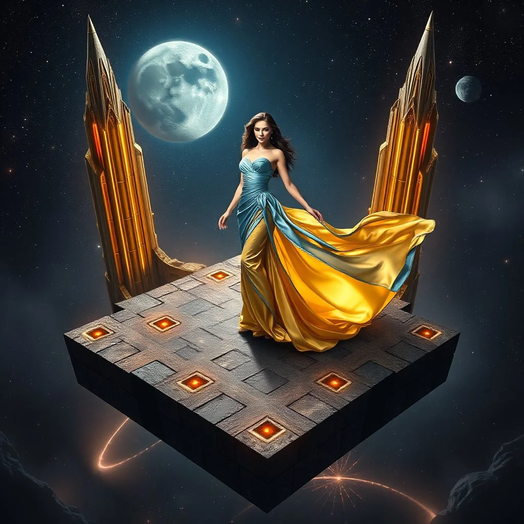 A breathtaking cosmic fantasy scene featuring a stunningly realistic beautiful woman with a perfect face and sculpted figure standing gracefully at the center of a floating geometric platform in deep space. She wears an elegant flowing gown in vibrant gold and blue hues that billow around her perfect form. The platform is constructed from dark cobblestone-like blocks arranged in a star shape. Surrounding her are magnificent CIFI towers like structures,satelights